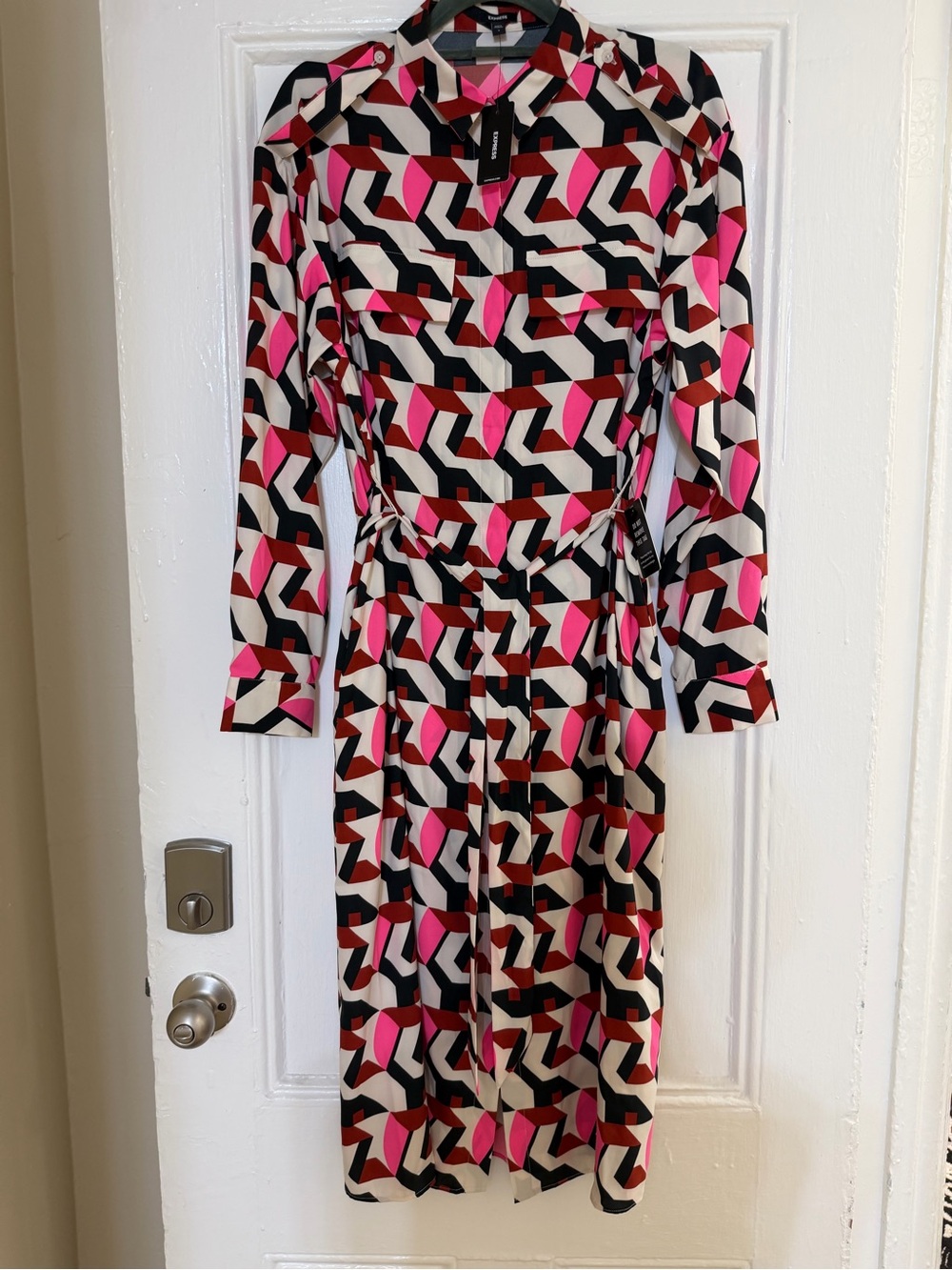 Express Geometric Print Shirt Dress in Pink, Black & White